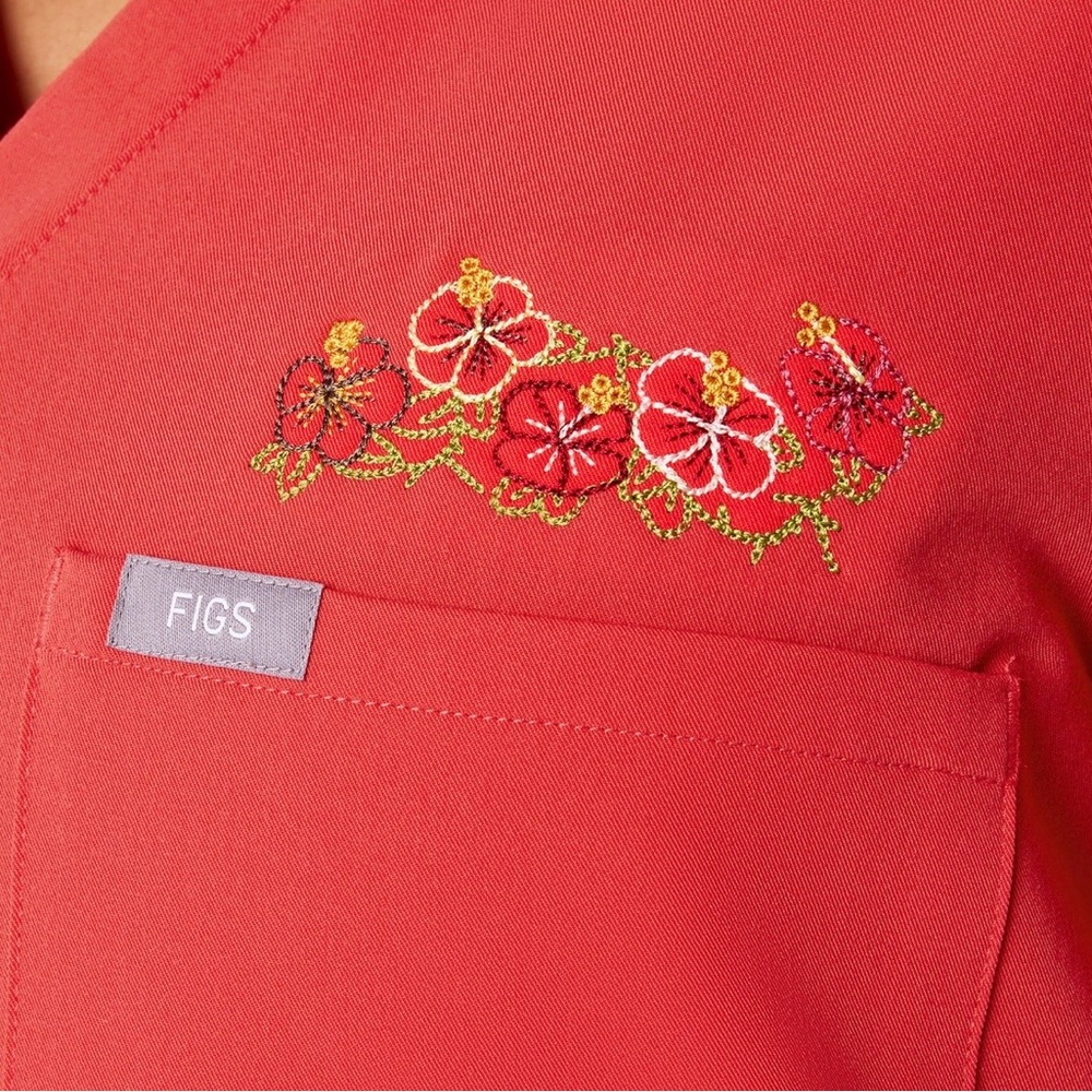 Hibiscus Flower Catarina - One-Pocket Scrub Top with floral embroidery